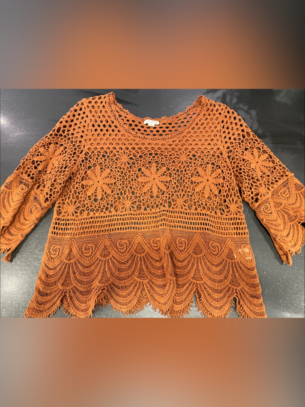 Ultra Pink Crochet Lace Peasant Top in Rust